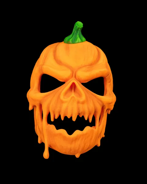 Finished orange Carved in Fear Halloween Mask with green stem, front view