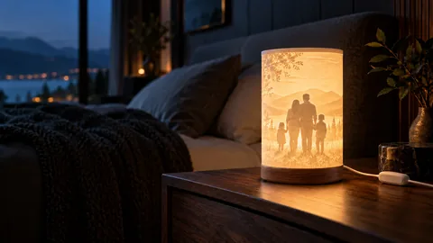 Personalization example showing a glowing family photograph lamp on a bedroom side table