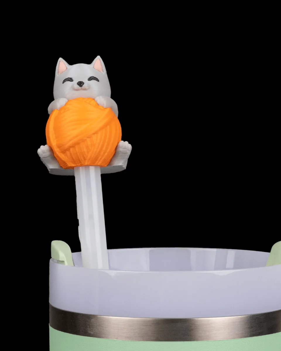 Pawsitively Hydrated — Cat straw topper and handle charm set — view 1; cup and straw not included