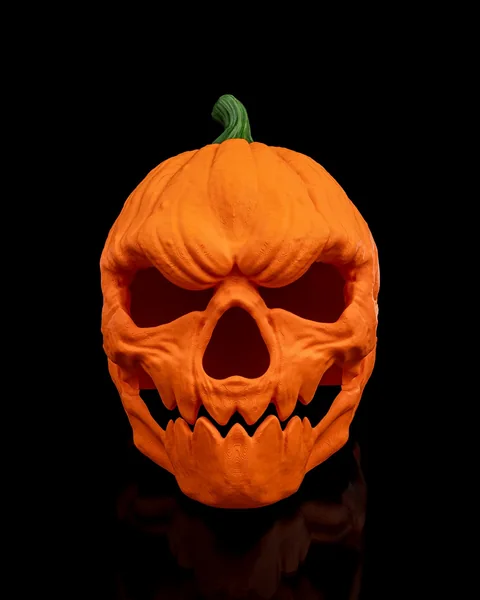 Finished orange Pumpkin Head Halloween Mask with green stem, front view