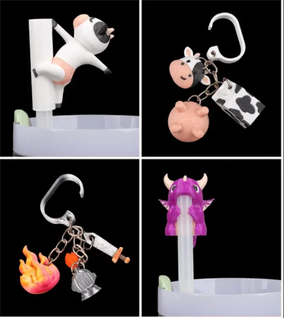 Cow and dragon straw toppers with matching cup handle charms — choose one of six designs