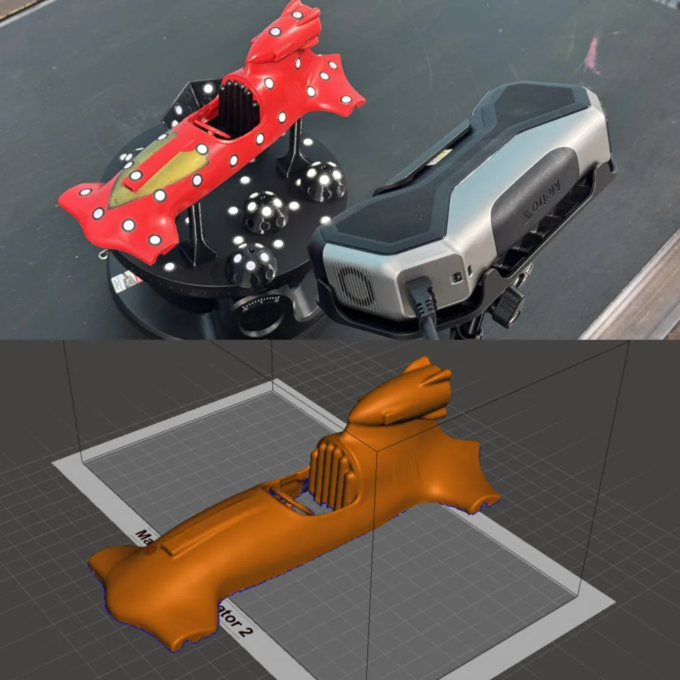 Collage showing the original toy car and its 3D scan